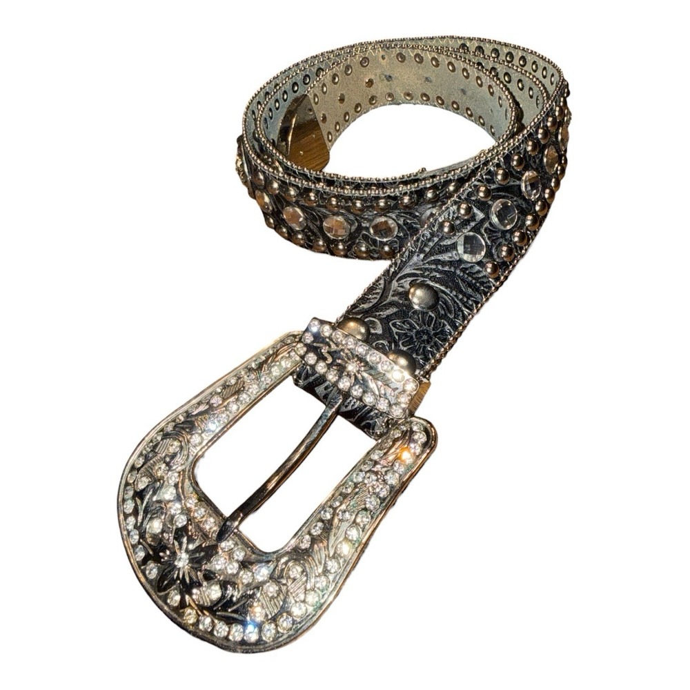 Genuine Leather & Rhinestone Belt Women's XL Y2K Punk Western Bling